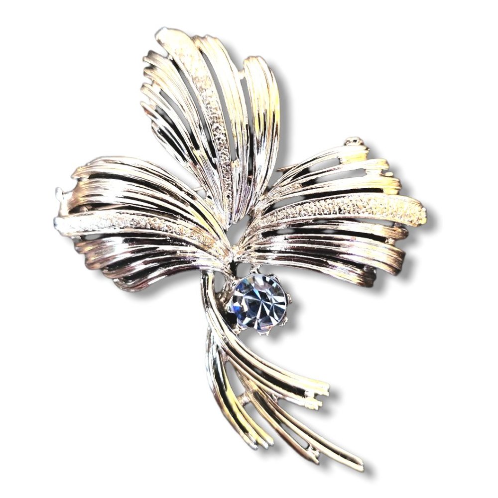 Emmons 60's Silver Tone Feather & Blue Rhine Stone Signed Vintage